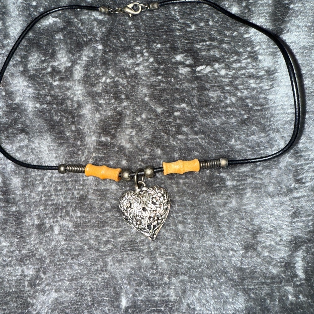 Silver Heart Pendant Necklace with Black Cord